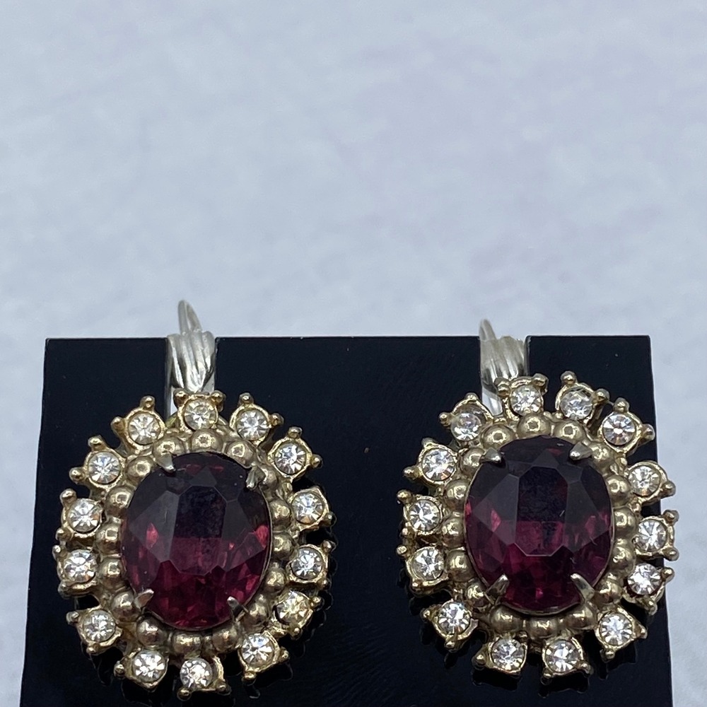Purple Silver Tone Faux Amethyst Drop Earrings Halo Rhinestone Goth Dark‎ Formal